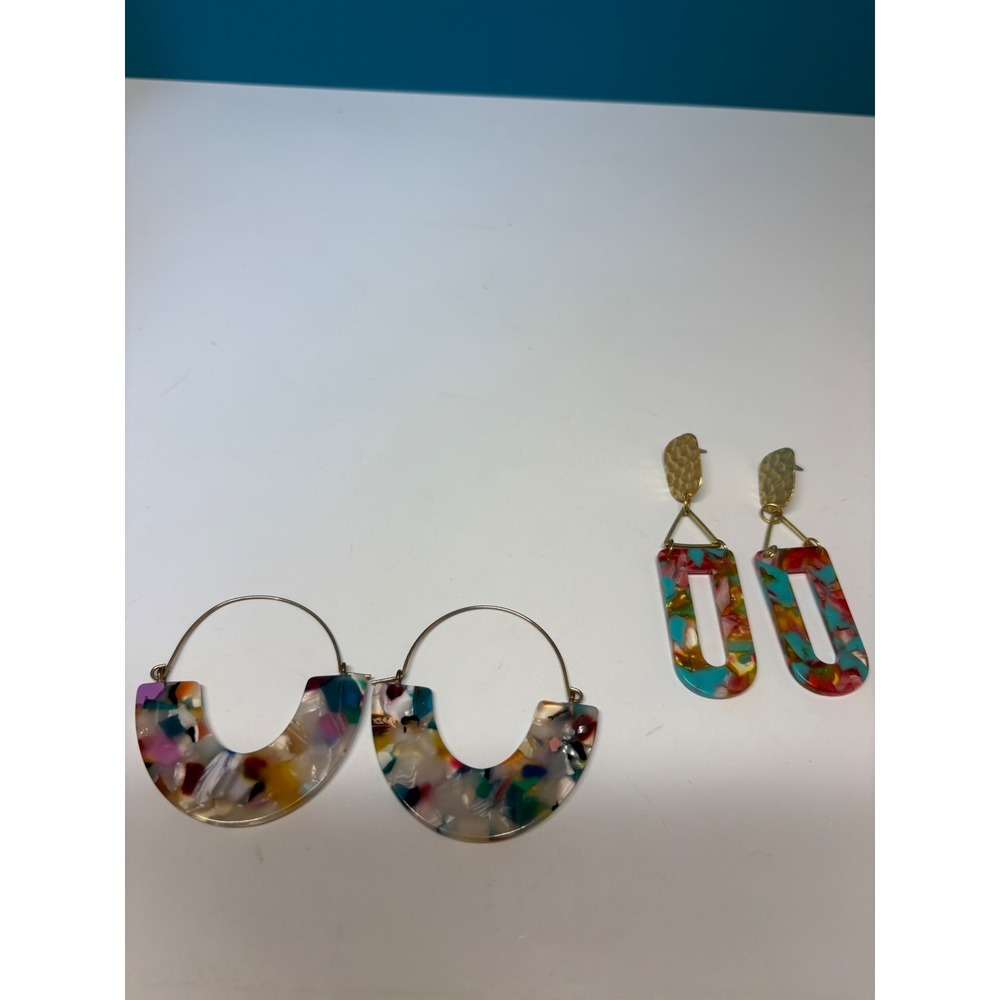 2 Pair Multicolored Resin Earrings Crescent Hoop & Geometric Drop Gold Tone Set